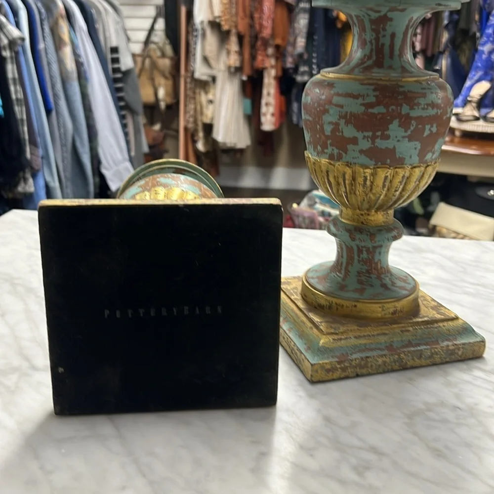 Pottery Barn Set of Two Gold and Teal Distressed Wooden Candle Holders